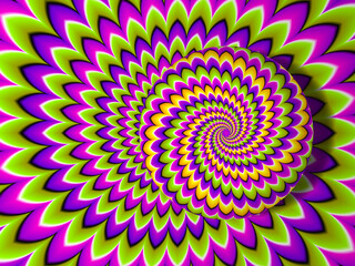 Wall Mural - green pink and purple background with growing sphere. optical expansion illusion.