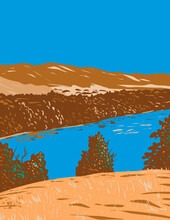 WPA Poster Art Of Kings River In San Joaquin Valley Originating Along Sierra Crest In Kings Canyon National Park In California Done In Works Project Administration Style Or Federal Art Project Style.