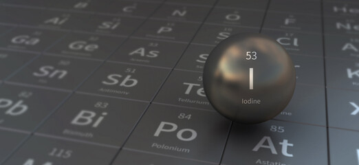 Wall Mural - iodine element in spherical form. 3d illustration on the periodic table of the elements.
