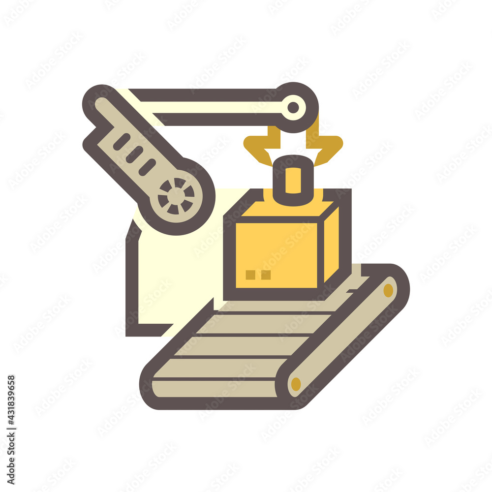 Robot, production line vector icon. Consist of robot hand, arm, product ...