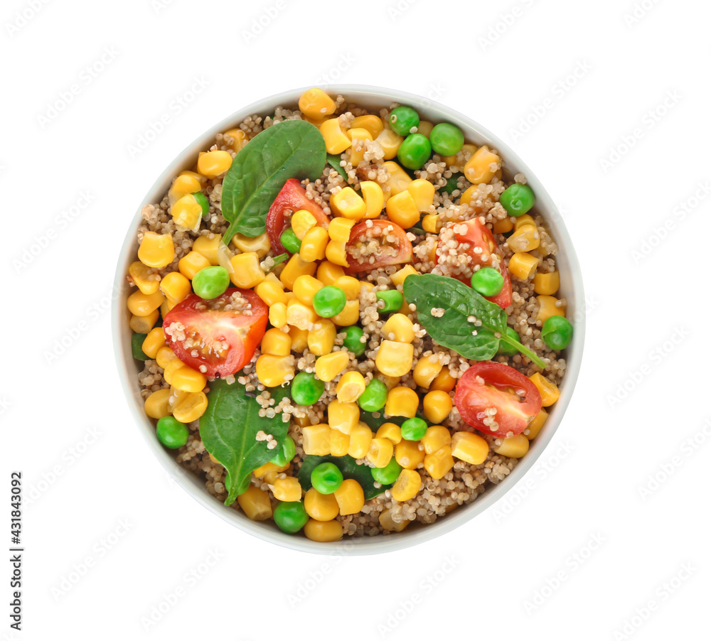 Bowl with tasty quinoa salad on white background