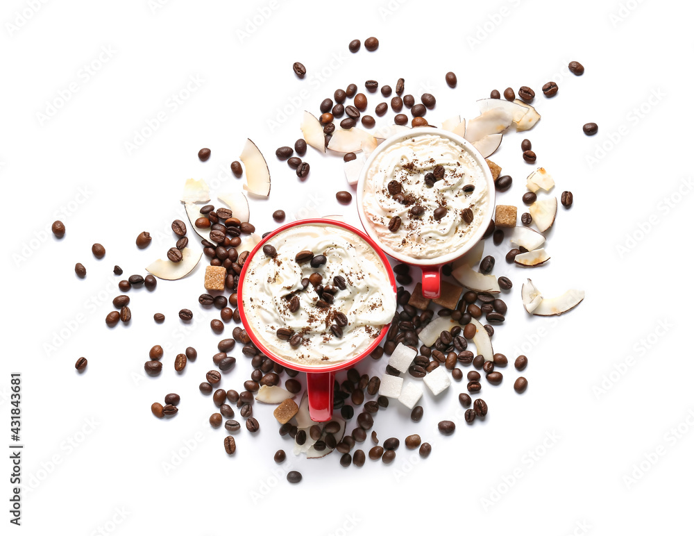 Cups of tasty coffee and coconut chips on white background