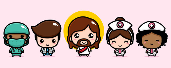 Canvas Print - cute jesus cartoon vector design together with doctors and nurses