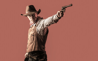 Cowboy with weapon on red background. American bandit in mask, western man with hat. West, guns. Portrait of a cowboy. Portrait of farmer or cowboy in hat. Man wearing cowboy hat, gun