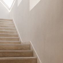 Minimal Aesthetic Architecture Concept. Beige Wall And Stairs. Neutral Minimal Background