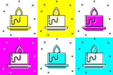 Sticker - Set Aroma candle icon isolated on color background. Vector