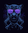 Panther in glasses on dark blue background with palm trees