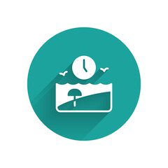 Wall Mural - White Vacation time icon isolated with long shadow. Green circle button. Vector