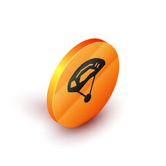 Sticker - Isometric Bicycle helmet icon isolated on white background. Extreme sport. Sport equipment. Orange circle button. Vector