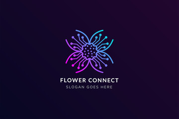 Combination of flower with electricity symbol made a logo design template use pink and blue gradient isolated in dark purple background