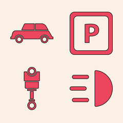 Wall Mural - Set High beam, Car, Parking and Engine piston icon. Vector