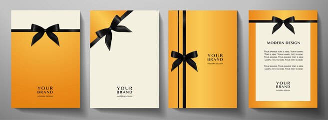 Wall Mural - Holiday cover design set. Luxury orange background and black ribbon (bow). Formal premium vector collection template for invitation (invite vip card), greeting or gift card, award
