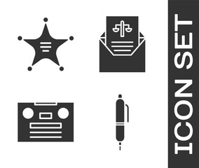 Sticker - Set Pen, Hexagram sheriff, Retro audio cassette tape and Subpoena icon. Vector