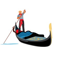 Venice Gondola. Italy Old Boat With Gondolier. Europe Traveling Concept. Vector