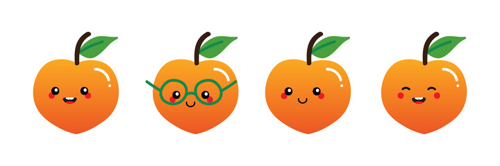 Sticker - Set, collection of cute and smiling cartoon style peach fruit characters for food design.