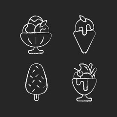 Wall Mural - Ice cream varieties chalk white icons set on black background. Sorbet, sherbet. Gelato. Vanilla ice cream with sprinkles. Frozen yogurt, parfait. Isolated vector chalkboard illustrations