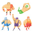 Cartoon set of Mexican wrestler fighters in masks. Vector illustration. Angry, gloomy wrestlers in colorful suits, in different poses during fight. Fight, wrestling, sport concept for banner design