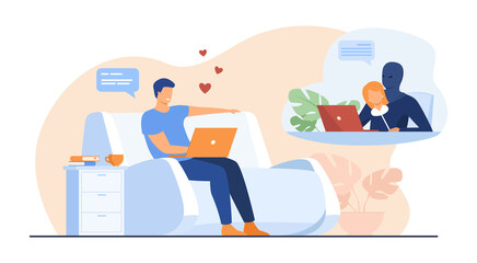 Wall Mural - cartoon man facing false impersonation. flat vector illustration..young man texting with someone pre