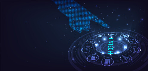 Poster - Financial technology,banking and money transaction concept.Icon Fintech and things on dark blue technology background.3D illustration.