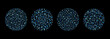 Round backgrounds set, patterns collection. Circle shape made of drops, droplets, uneven dots, paint splashes, specks, tiny spots, water blobs. Radial templates for borders, frames, design elements. 