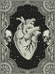 illustration vector antique human heart with engraving ornament