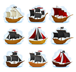 Wall Mural - Pirate Sailing Ship with Square Rigged Masts Navigating Upon Water Vector Set