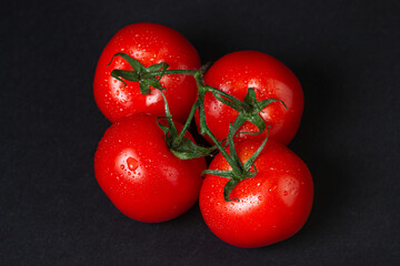 Tomatoes on a black background. Tomatoes on a vine on a dark background. Ripe fresh vegetables.