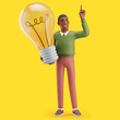 Cheerful young African man holding a giant lightbulb with an 