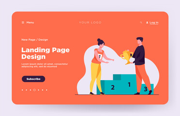 Sticker - Female winner getting first prize. Man giving golden cup to woman at podium flat vector illustration. Winning, leadership, achievement concept for banner, website design or landing web page