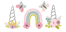 Set Of Unicorn Horns, Rainbows And Butterflies Decorated With Flowers. Nursery Clipart, Baby Room Decoration, Whimsical Cute Unicorn Clipart
