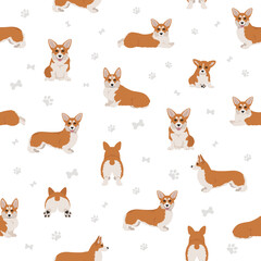  Welsh corgi pembroke seamless pattern. Different poses, coat colors set.