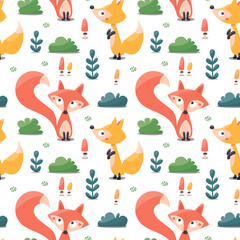 Wall Mural - Seamless woodland forest vector pattern with foxes and leaves on dark background