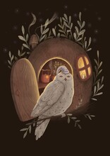 A Bright Owl In A Nightcap With Stars Sits On A Branch In Front Of His Cozy House, Where A Kettle Is Boiling And The Light Is On, Outside It Is Night And The Forest, 2d Illustration