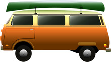 Classic 1960's Yellow Camping Hippie Van With A Canoe On The Roof