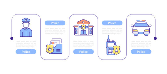 Police presentation design elements. Law, protection, detective vector infographic template. Data visualization with five steps. Process timeline chart.