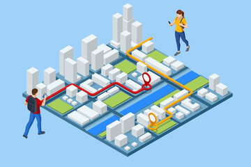 Isometric gps navigation concept. Tourist traveling using his smartphone with previously saved favorite places on map. City map route navigation smartphone, phone point marker.