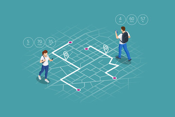 Isometric gps navigation concept. Tourist traveling using his smartphone with previously saved favorite places on map. City map route navigation smartphone, phone point marker.