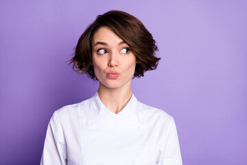 Poster - Photo of funky dream nice happy woman look empty space send air kiss cook isolated on purple color background