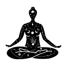 Faceless Woman Black Silhouette With Celestial Elements. Lotus Position.