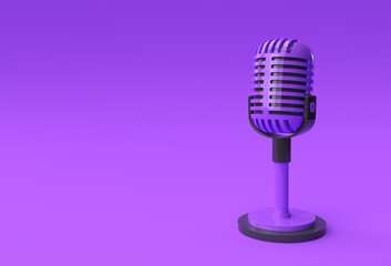 3D Render Retro microphone on short leg and stand, music award model template, karaoke, radio and recording studio sound equipment.