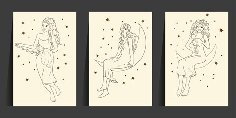 Wall Mural - Celestial African American woman and cat sacred astrology boho line esoteric art. Moon and star magic girl card set.