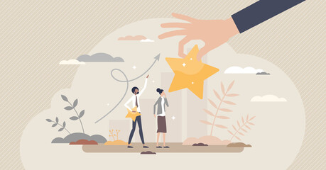 Encouragement with career raise and motivational reward tiny person concept. Work development and boss appreciation with symbolic star as bonus or salary increase vector illustration. Confidence boost