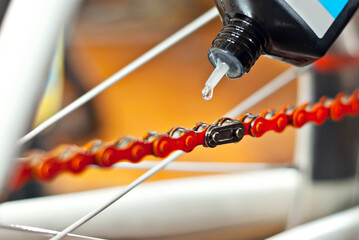 Bicycle chain close up. Bicycle maintenance and service. Bicycle lubrication.