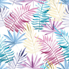  Seamless pattern with colorful tropical leaves. colored leaves of a palm tree of pink, blue, yellow colors isolated on a white background. summer print for fabric, textile, wallpaper.