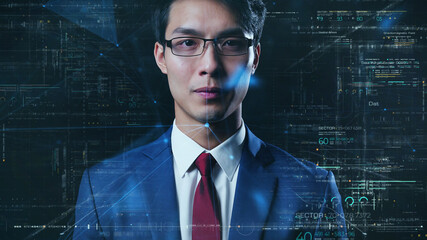 Investment finance business and technology, medium close up businessman computer coding data analytic futuristic background. 