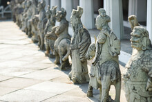 Statues Of Warriors And Historical Figures In Thailand Defending The Temple. Selective Focus.