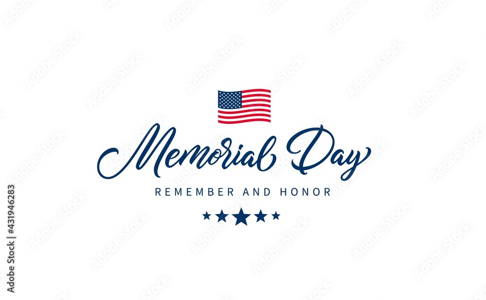 Memorial Day text with lettering "Remember and Honor". Hand drawn lettering typography design. USA Memorial Day calligraphic inscription. - obrazy, fototapety, plakaty 
