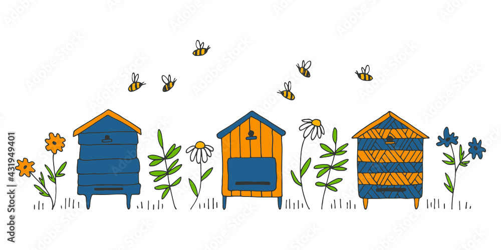 Vector apiary, bees, flowers. Colored linear hand drawn illustration is perfect for honey design, beekeeper brand identity, logo, card, label, wallpaper, poster - obrazy, fototapety, plakaty 