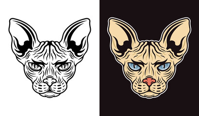 Wall Mural - Sphynx cat head vector two styles illustration black on white and colored on dark background