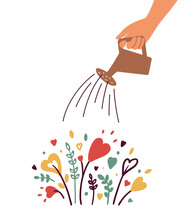 Growing Love, Health Care, Wellbeing Or Wellness. Human Hand With Watering Can Irrigates Blossom Heart Shapes Flowers. Cultivating Love. Charity, Volunteer Work, Therapy. Abstract Vector Illustration